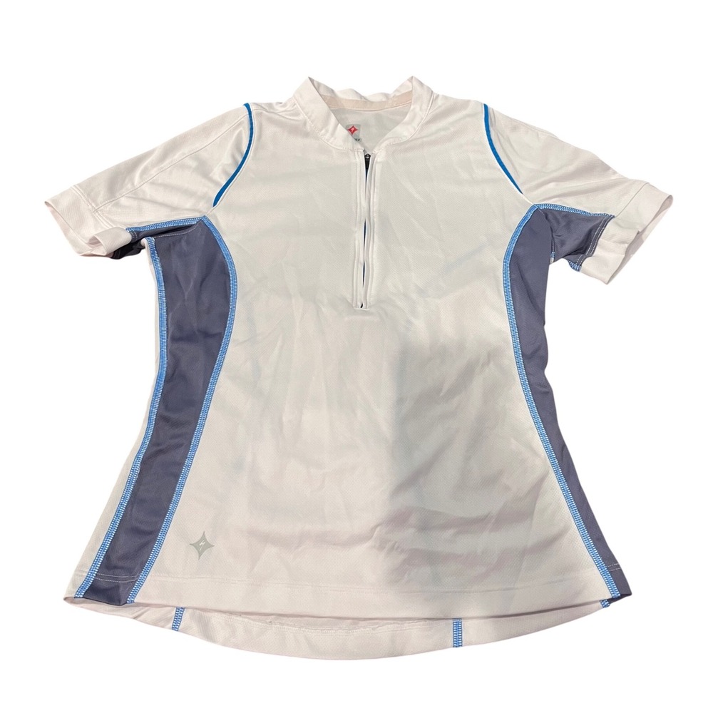 Specialized Womens Cycling Jersey White Grey Blue Quarter Zip Short Sleeve Small